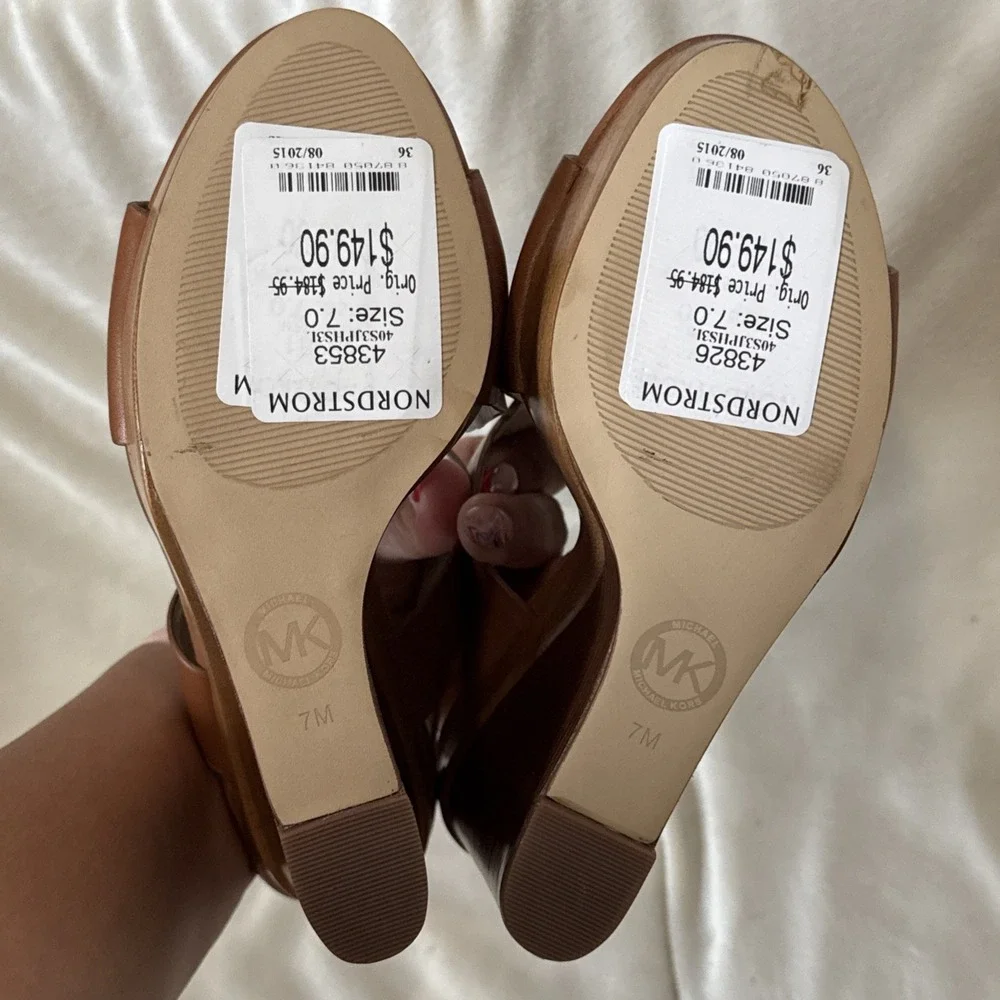 Michael Michael Kors Josephine Wedge Sandals Brown, Platform Woodblock Heel Sz 7